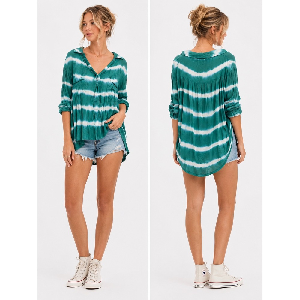 Great Northwest Indigo Tunic Womens 2X Teal Tie Dye High Low Boho Henley Top